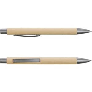 A beige pen with a silver clip and tip, featuring a smooth finish and a simple design.