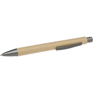 A pen with a natural wood finish and a gray clip and tip. The Aspen Paper Pen is designed for writing.