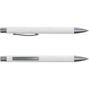 A white pen with a silver clip and tip, featuring a sleek design and branding on its surface.