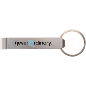 A drink bottle opener keytag in metallic silver with a circular keyring and a logo.
