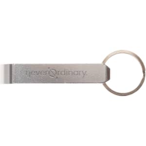 A silver bottle opener keyring featuring a circular keyring attachment and a logo on the side.