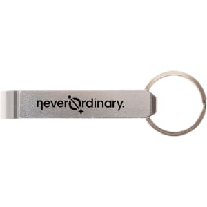 A drink bottle opener keytag in silver with a keyring, featuring a logo on the side.