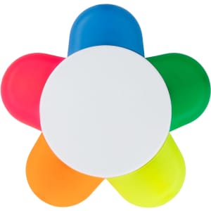 A flower-shaped highlighter with pink, orange, green, and blue petals surrounding a white centre.