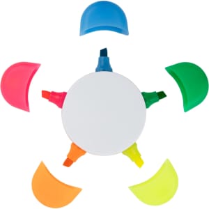 A circular highlighter set featuring six different coloured highlighters: pink, orange, yellow, green, blue, and purple, with caps.