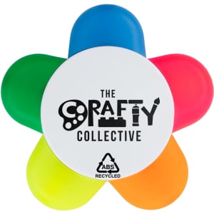 A flower-shaped highlighter set featuring green, blue, pink, and orange colours, with a circular white base and branding.