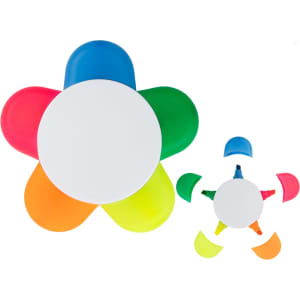 A flower-shaped highlighter set featuring pink, blue, green, yellow, and orange sections with a central white base.