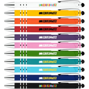 A collection of stylus pens in various colours, featuring a branding logo on each pen.