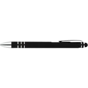 A sleek black stylus pen with silver accents and a rubber tip for touchscreen use.