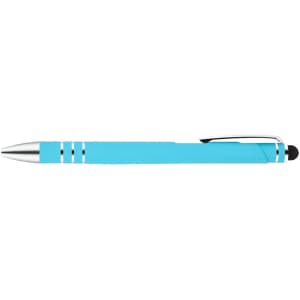 A turquoise pen and stylus with silver accents and a clip, featuring a smooth finish.