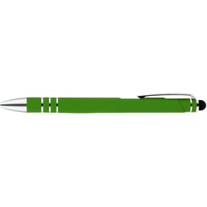 A green pen and stylus with silver accents and a black tip, featuring a branding logo.