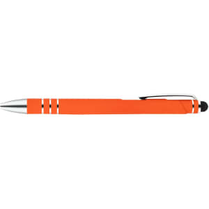 An orange stylus pen with silver accents and a soft tip for touchscreen use. It features a simple, sleek design.