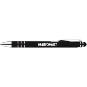 A stylus pen featuring a sleek black design with silver accents and an engraved logo.