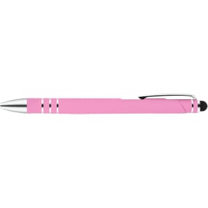 A pink stylus pen with silver accents, designed for writing and touchscreen use.