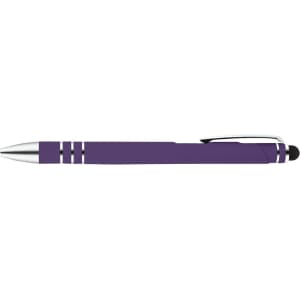 A stylus pen in a vibrant purple color with silver accents and a rubber tip for touchscreen devices.