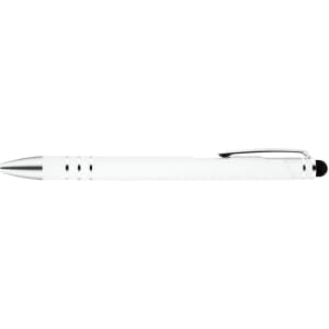 A white stylus pen with silver accents and a built-in touchscreen tip, featuring a clip for easy attachment.