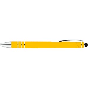 A stylus pen in bright yellow with a silver clip and detailing.