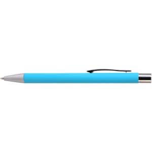 A turquoise aluminium pen with a silver tip and clip, featuring a smooth writing ballpoint design.