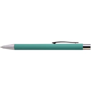 A metal pen in teal color with a silver clip and tip, designed for writing.