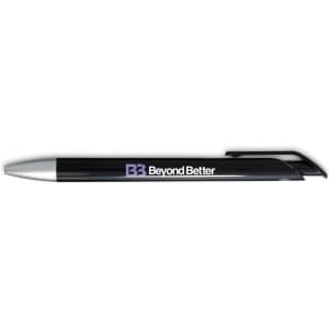 A black gel ink pen with a silver tip and a logo on the barrel.