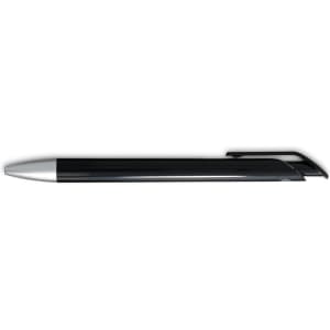 A black gel ink pen with a silver tip and clip, featuring a sleek, modern design and a logo on the body.