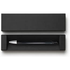 A sleek black gel ink pen resting in a black box. The pen features a silver tip and a streamlined design.