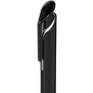A black gel ink pen with a sleek design and a silver clip. Features a glossy finish.