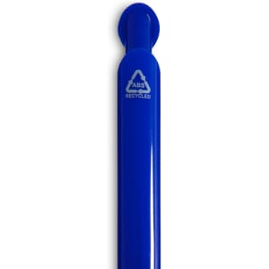 A blue gel ink pen featuring a recycled material logo and a sleek design.