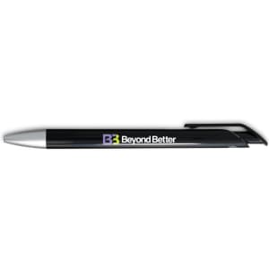 A gel ink pen in black with a silver tip, featuring a logo on the barrel.