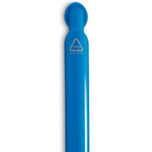A blue gel ink pen with a rounded tip and a logo on the side, made from recycled materials.