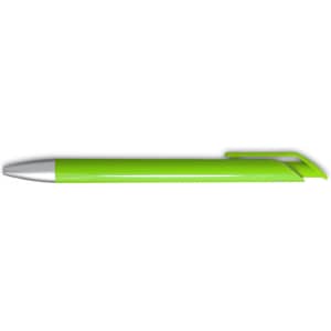 A bright green gel ink pen with a sleek silver tip and a minimalistic design, featuring a branding logo.