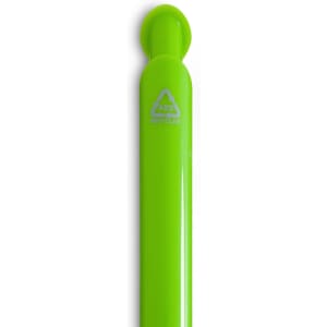 A green gel ink pen with a rounded tip and a logo on its side.