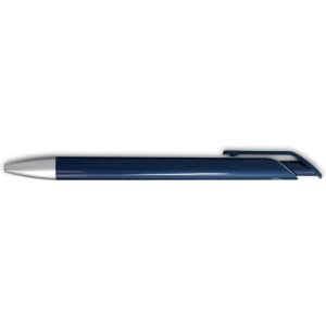 A navy blue gel ink pen with a white tip and a clip. It features a sleek design and a branding logo.