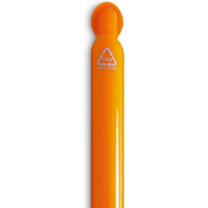 An orange gel ink pen with a smooth barrel and a logo indicating recycled material.