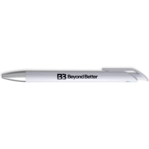 A white gel ink pen with a sleek design and a branding logo on the side.