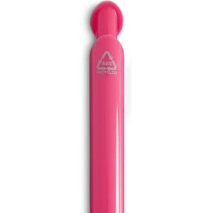 A bright pink gel ink pen with a smooth casing, featuring a logo.
