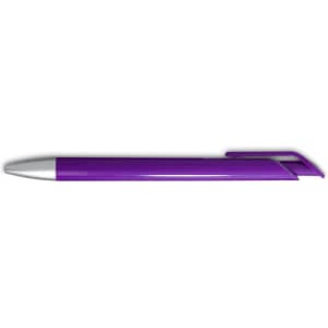 A purple gel ink pen with a white tip and clip, featuring a logo on its body.