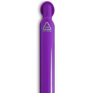 A purple gel ink pen with a rounded top and a logo, featuring a sleek, shiny design.