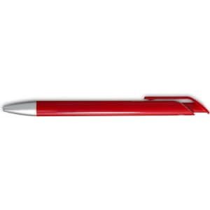 A red gel ink pen with a silver tip and a sleek design, featuring a logo on the barrel.