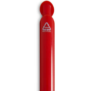 A red gel ink pen with a round cap, featuring a logo indicating it’s made from recycled materials.