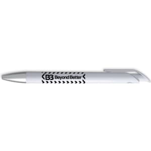 A white gel ink pen with a silver clip and a black logo on the barrel.