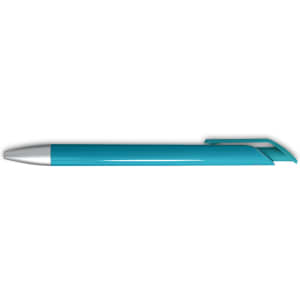 A turquoise gel ink pen with a silver tip and a sleek design, featuring a branding logo.