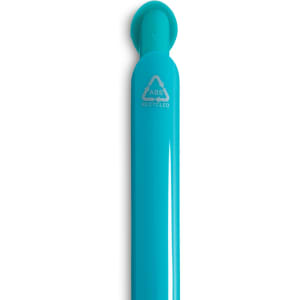 A vibrant turquoise gel ink pen with a rounded top, featuring a logo and made from recycled materials.