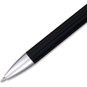 A black gel ink pen with a silver tip and a sleek design, featuring a branding logo.