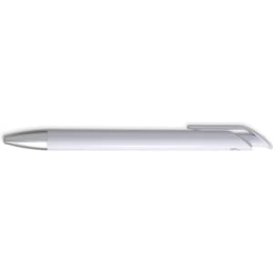 A white gel ink pen featuring a silver clip and trim, with a sleek and modern design.