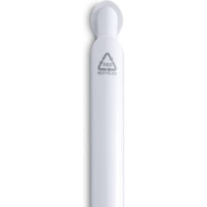 A white gel ink pen with a rounded end and a logo indicating it is made from recycled materials.