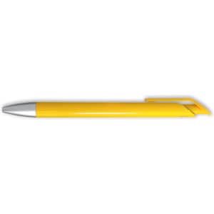 A yellow gel ink pen with a silver tip and a clip for easy attachment. Features a sleek design and branding.
