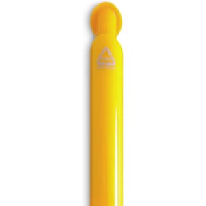 A yellow gel ink pen with a glossy finish and a logo on the side.