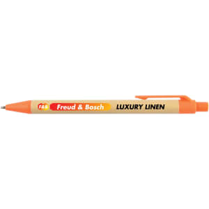 A luxury linen pen with an orange clip and branding, featuring a natural wood design.