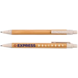 A bamboo pen featuring a natural finish with white and blue accents and a branded logo.