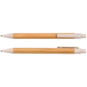 Two bamboo pens with natural bamboo bodies and light-colored plastic grips, featuring a branding logo.